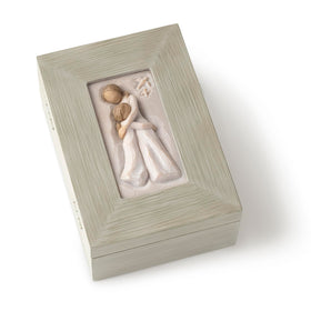 Willow Tree mother-daughter memory box lid carving enhances a keepsake display