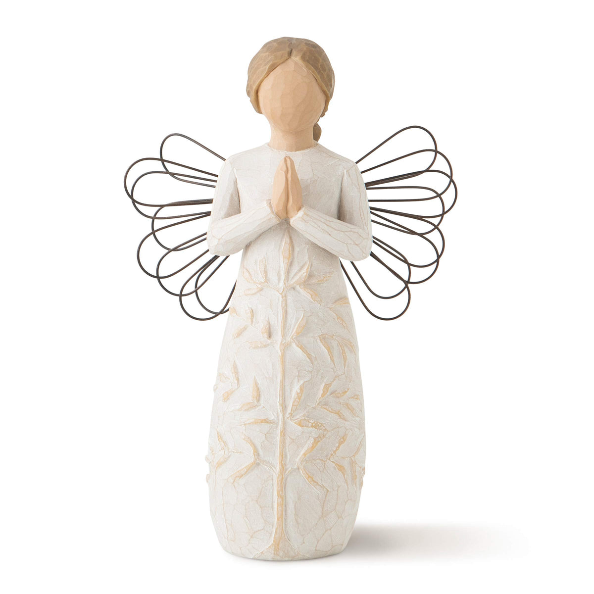 Willow Tree prayer angel in cream dress with wire wings, serene home decor piece.