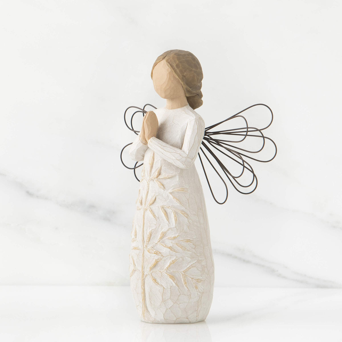 Willow Tree prayer angel with hands in prayer and wire wings for mantel display.