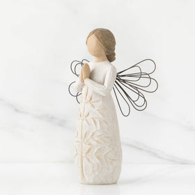 Willow Tree prayer angel with hands in prayer and wire wings for mantel display.