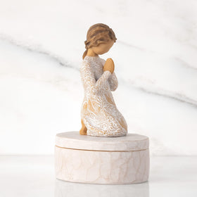 Willow Tree lid-top figure conveys calm and meditation vibes.