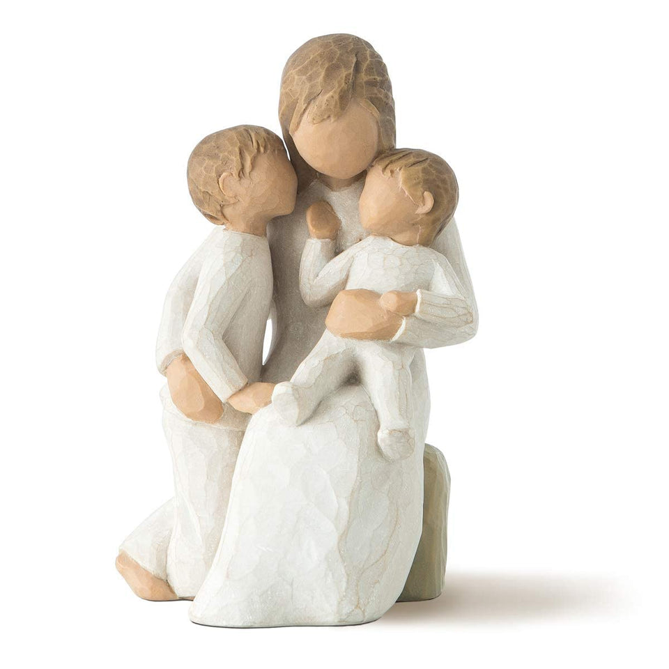 Willow Tree Quietly figure in cream dress holding toddler, ideal for new beginnings.