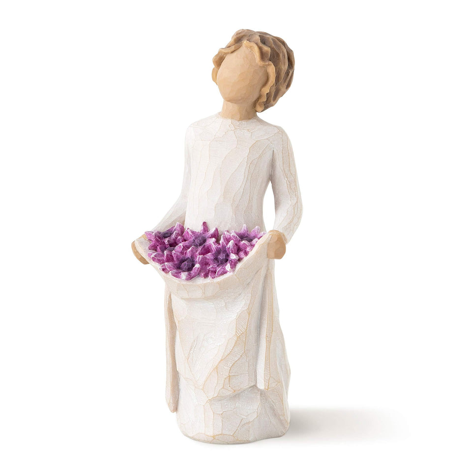 Willow Tree Simple Joys figure in cream dress holding purple daisies, a charming gift.