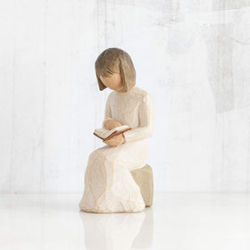 Willow Tree Wisdom cream dress seated figure on a rock, perfect shelf centerpiece.