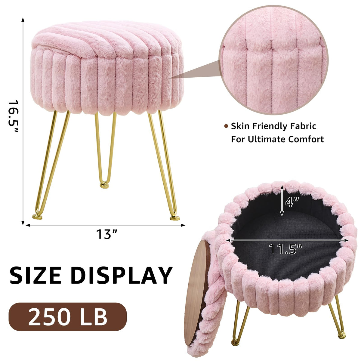Wimarsbon vanity stool pink faux fur cover adds plush comfort and chic style.