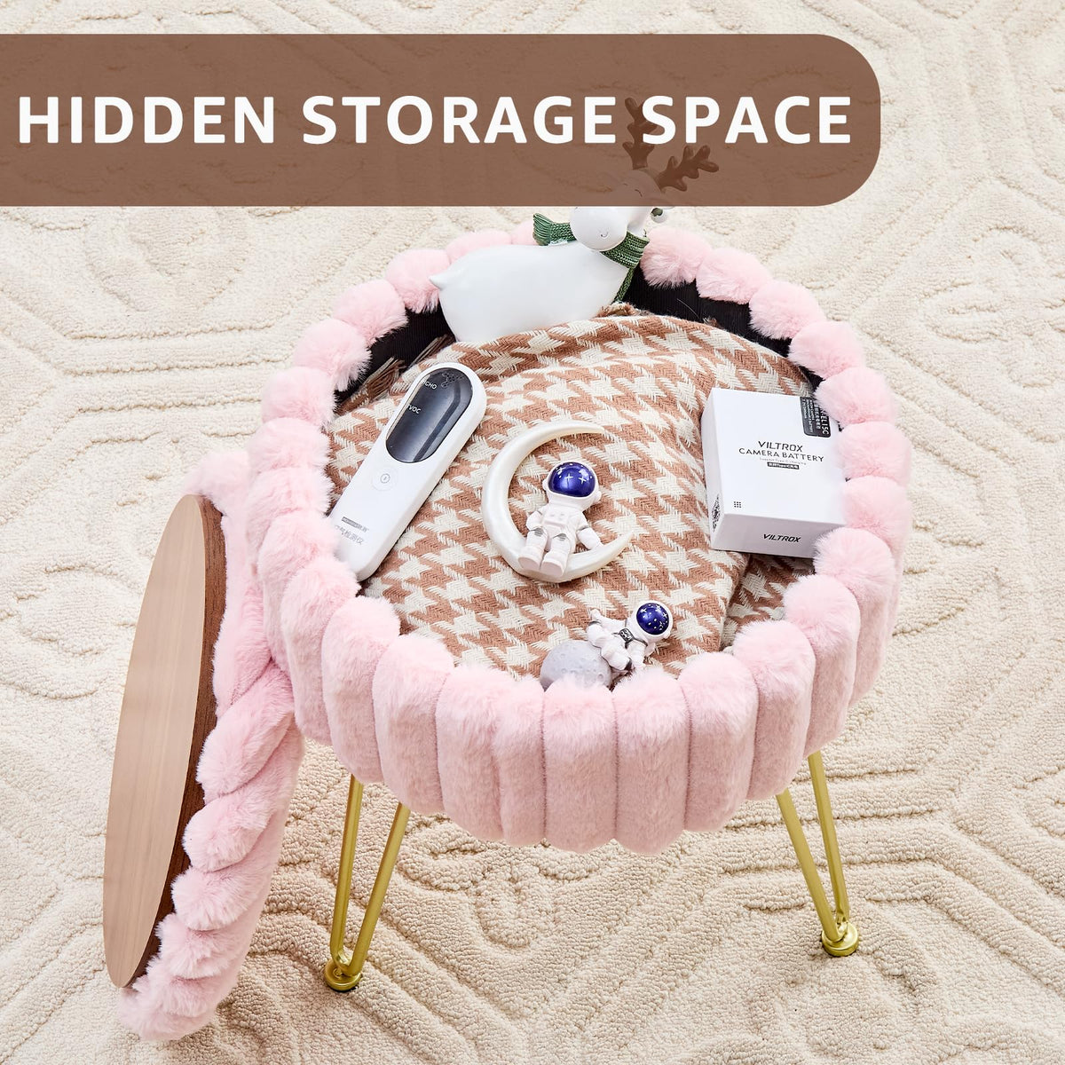 Wimarsbon vanity stool top lift reveals hidden organization space.