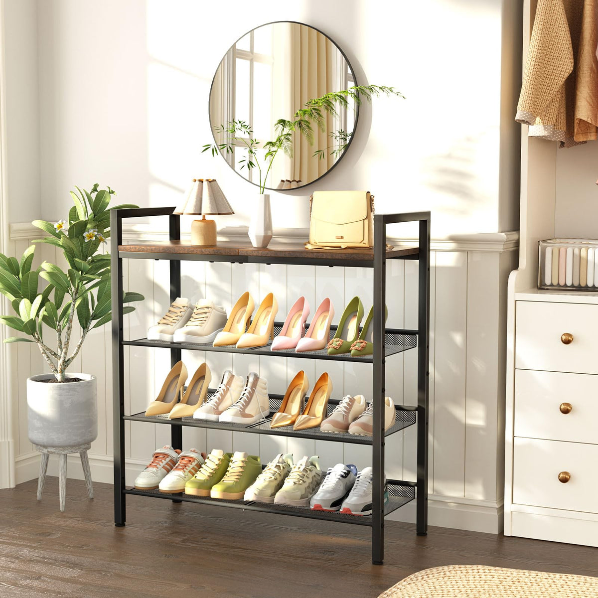 WIN4ALL large-capacity rack holds many pairs, reducing hallway clutter.