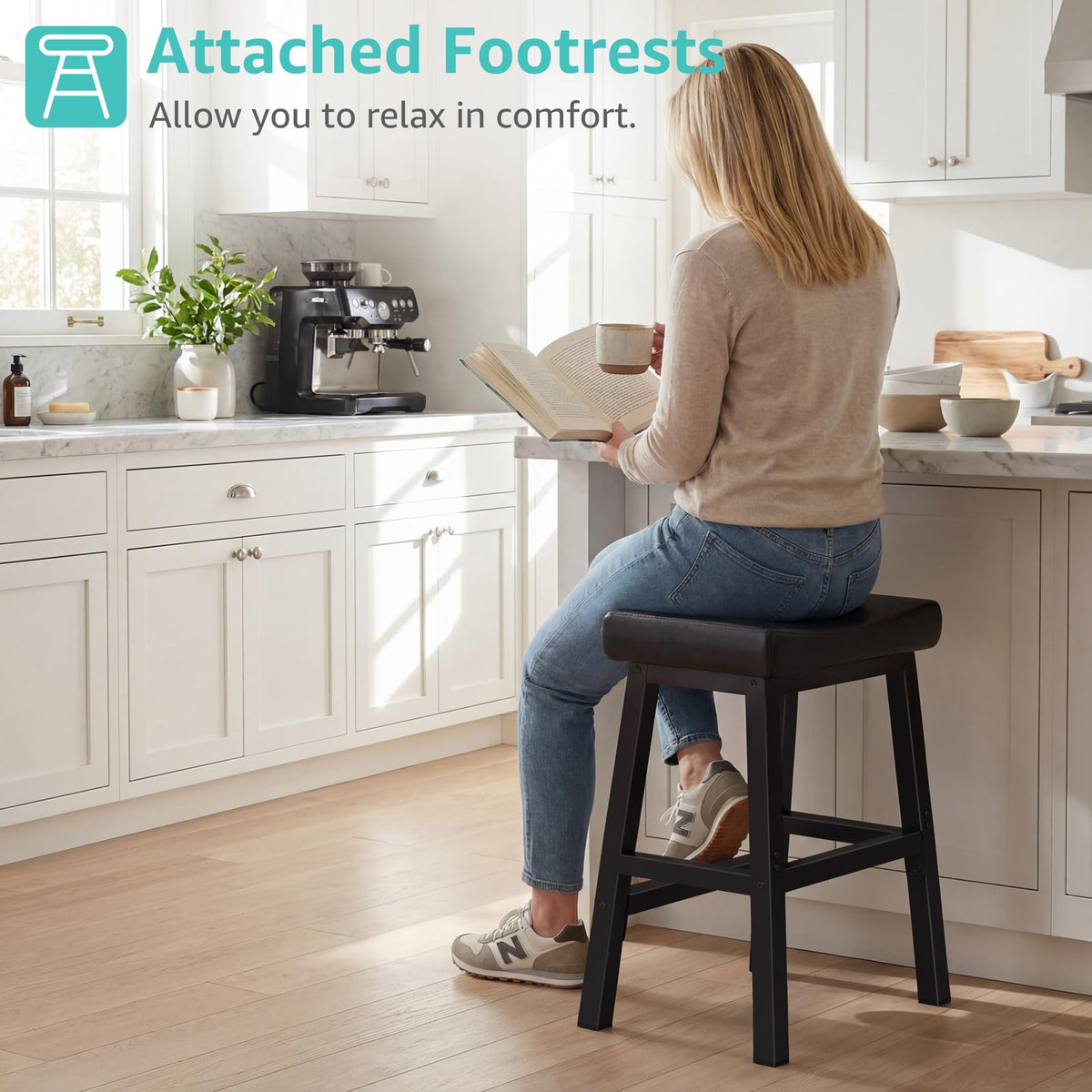 WINAZ black leather seat bar stool offers waterproof, wipe-clean surface.