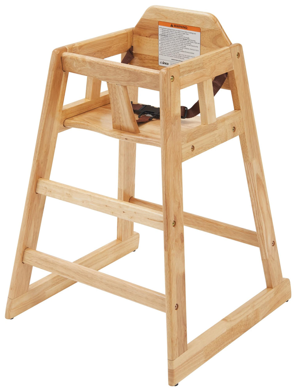 Winco unassembled wooden high chair front view; sturdy, secure feeding for babies and toddlers