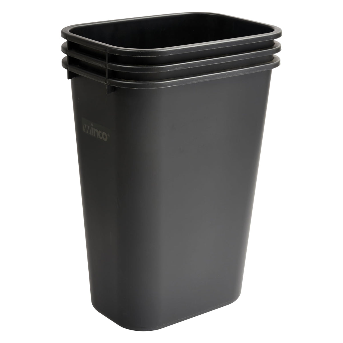 Winco 10-gallon waste basket highlighting generous capacity for fewer emptying trips.