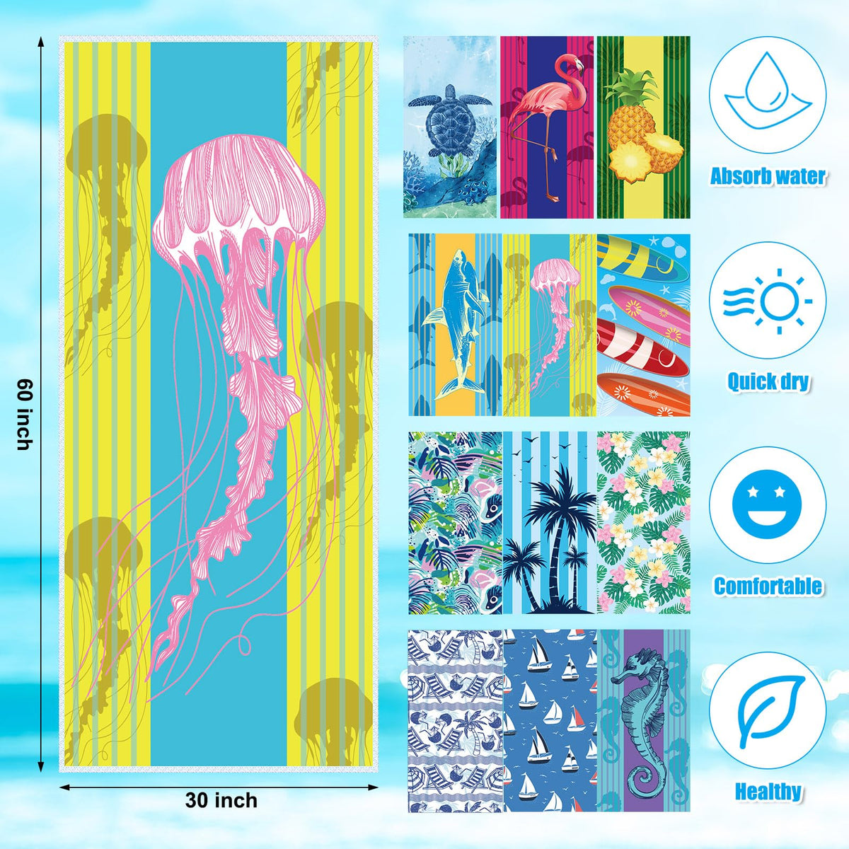 Windkream 30x60-inch beach towels offering full coverage after swimming and fast drying.