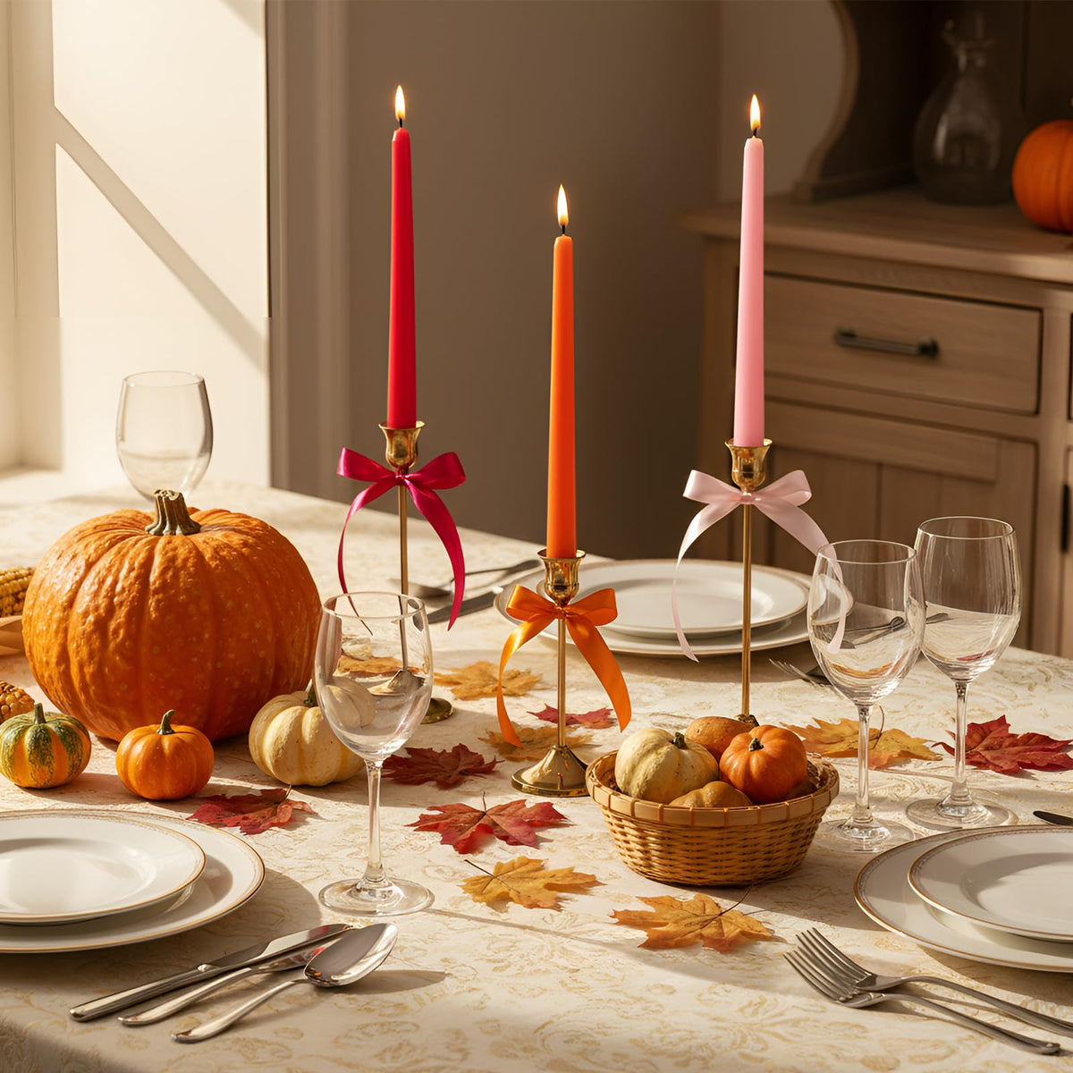 Windkream rose red taper candles highlight dramatic wedding centerpieces