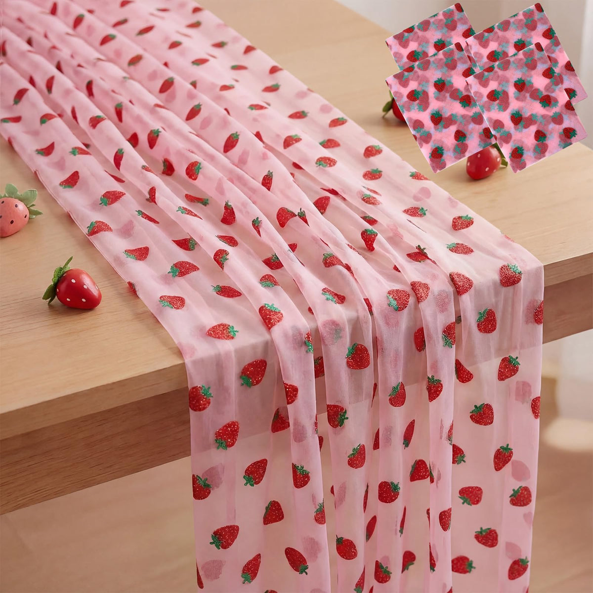 Windkream strawberry glitter tulle table runner drapes gracefully for celebrations.