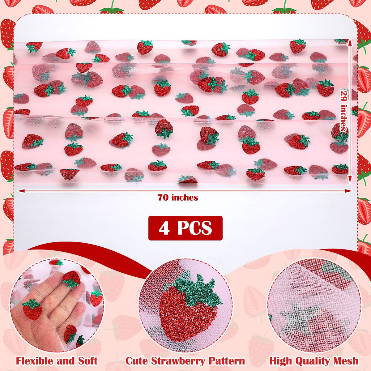 Windkream strawberry glitter tulle table runner with pink sparkle on party table.