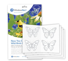 WindowAlert butterfly decal sheet 01 on exterior glass with UV-reflective warning for birds