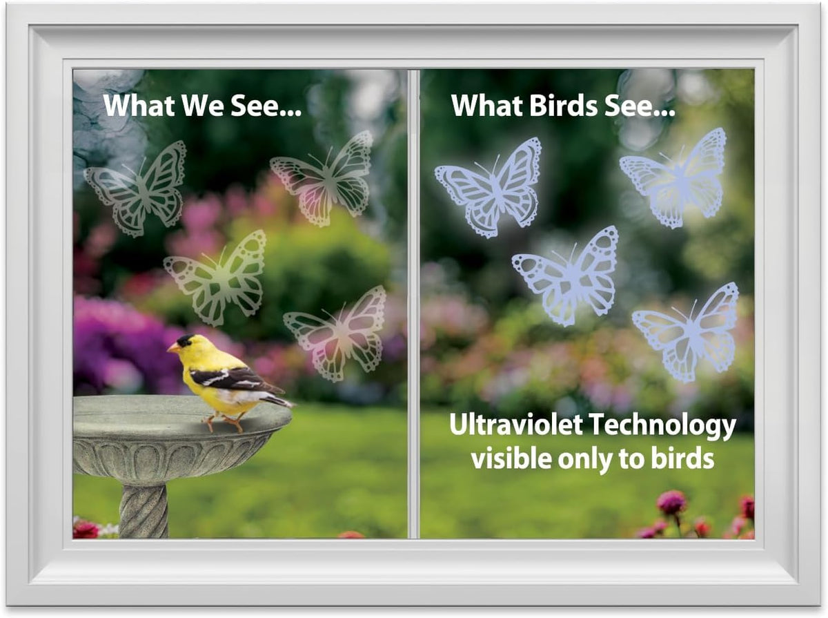 WindowAlert butterfly decal sheet 02 on exterior glass adds decorative bird-safe UV signals