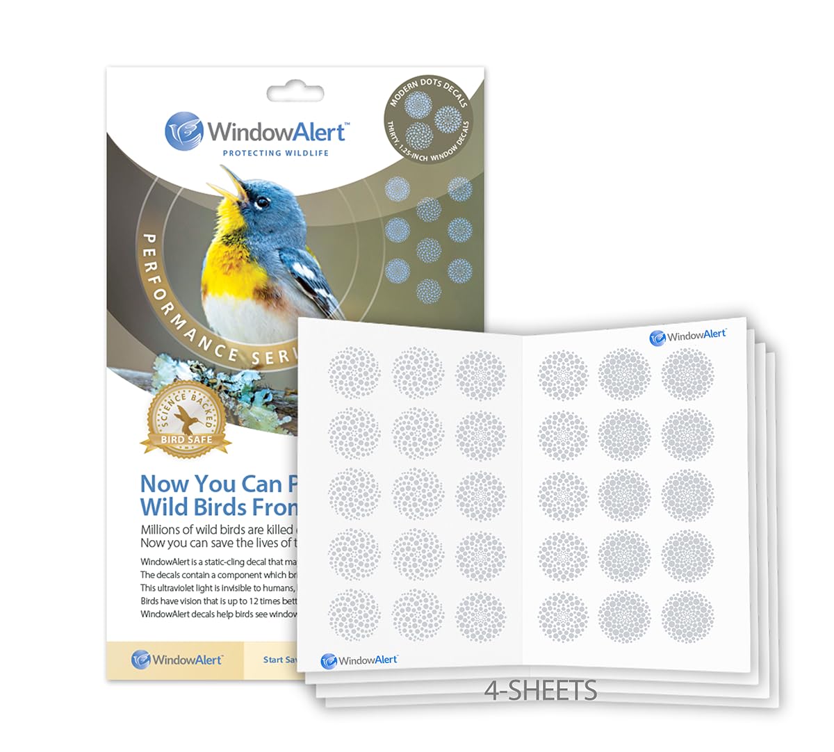 WINDOWALERT 4-pack dots on glass provide UV deterrence for birds.