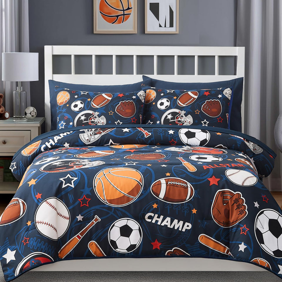 Wink Deer glow sports balls on a full-size comforter for bedtime fun