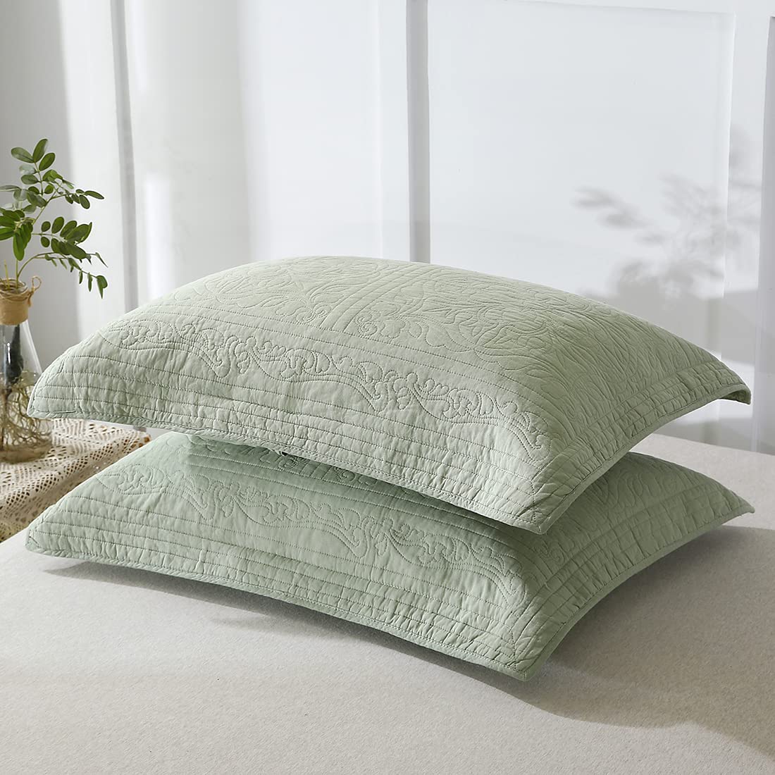 WINLIFE pillow sham floral sage green back view highlighting quilted edge detail