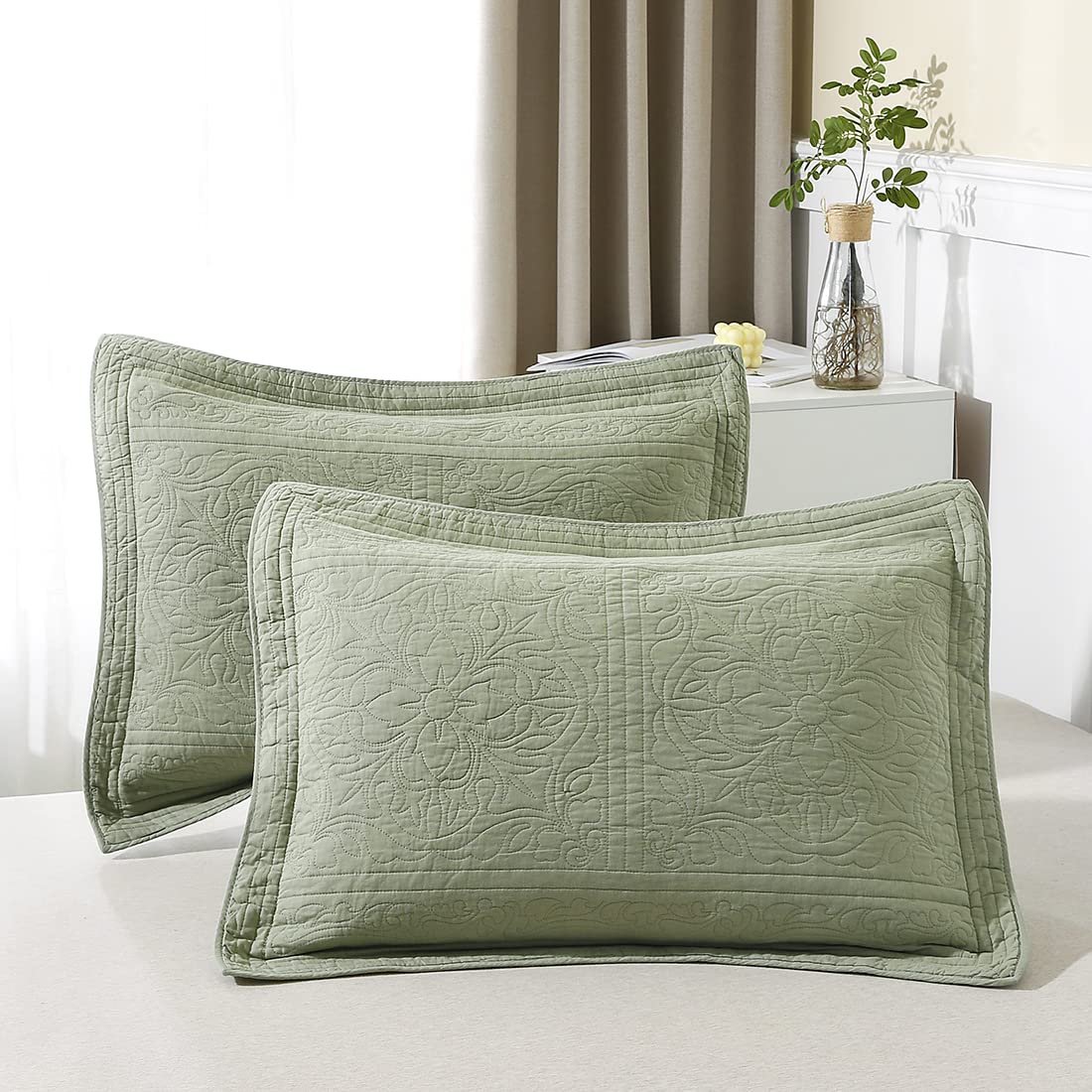 WINLIFE pillow sham floral sage green front view for elegant, cozy bedding