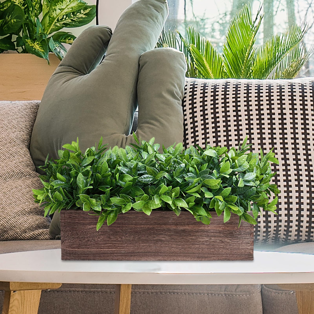 Winlyn farmhouse greenery decor setup shows versatile placement on tables or shelves.