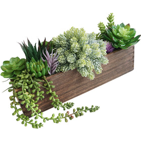 Winlyn artificial succulent arrangement in a rectangle wooden planter closeup with natural pebbles for lifelike greenery.