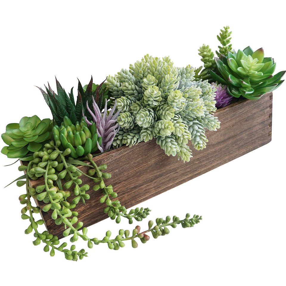 Winlyn artificial succulent arrangement in a rectangle wooden planter closeup with natural pebbles for lifelike greenery.