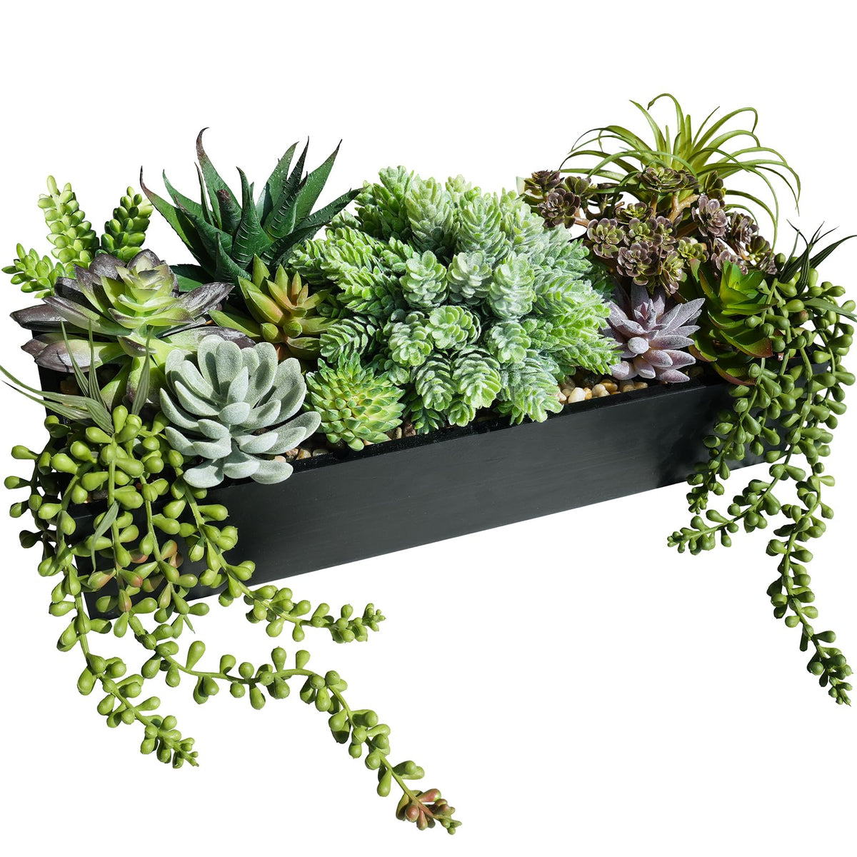 Winlyn artificial succulents arrangement in black planter brightens any room.