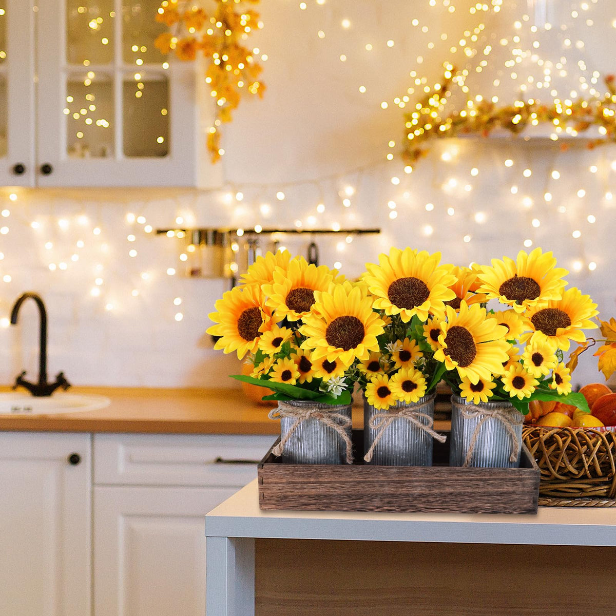 Winlyn centerpiece display featuring sunflowers arranged across dining table setup.