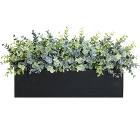 Winlyn eucalyptus arrangement in a black rectangular planter for farmhouse decor.