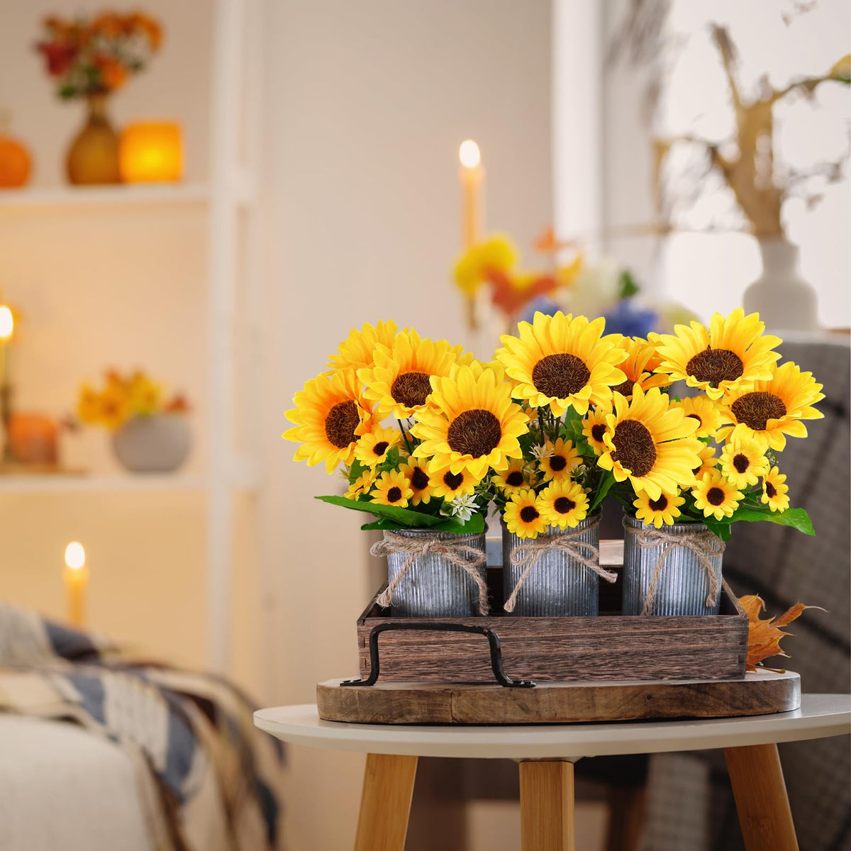 Winlyn galvanized pot with sunflower arrangement showcasing compact container for small spaces.
