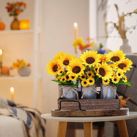 Winlyn galvanized pot with sunflower arrangement showcasing compact container for small spaces.