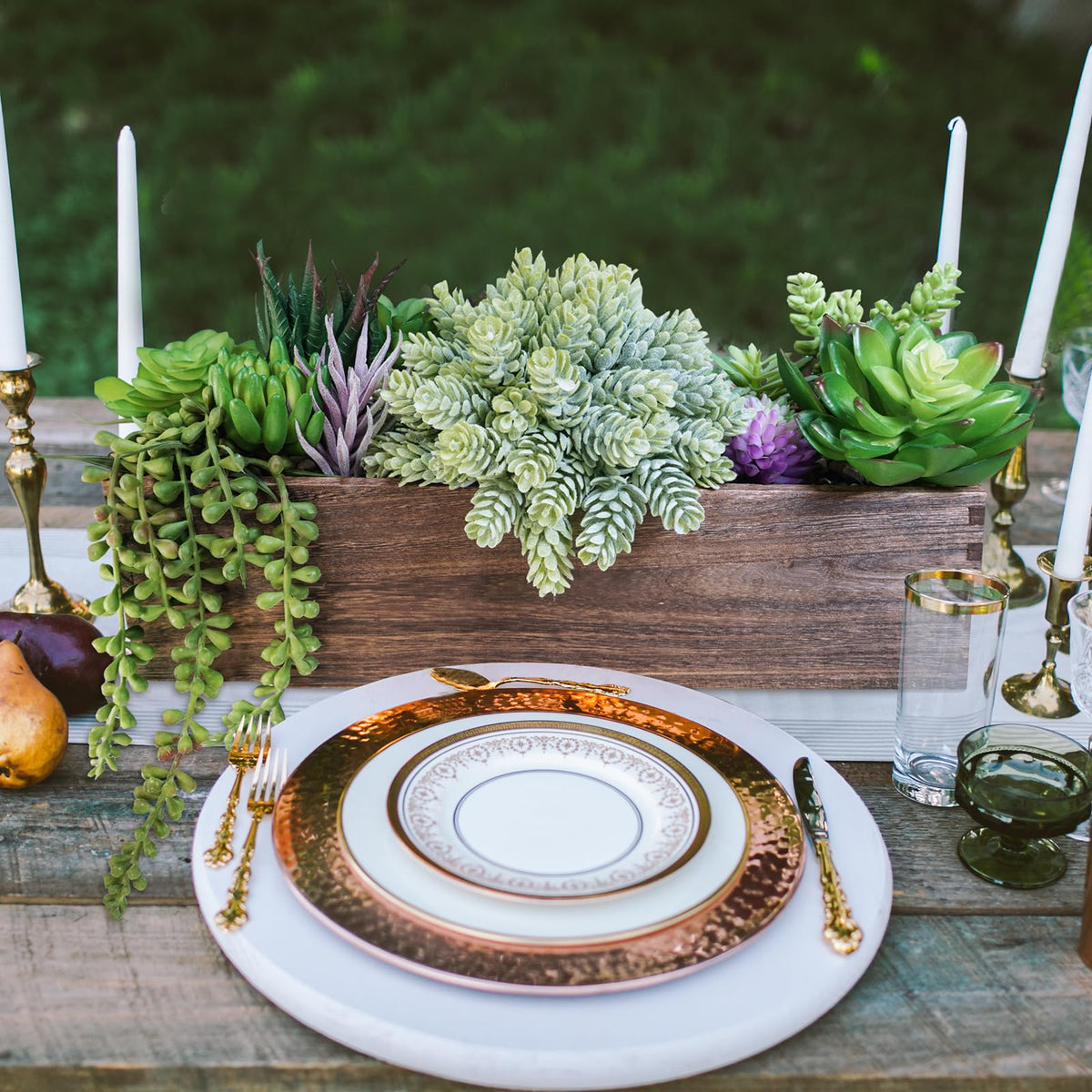 Winlyn rectangle wooden planter with assorted succulents, ideal for farmhouse-style centerpieces.