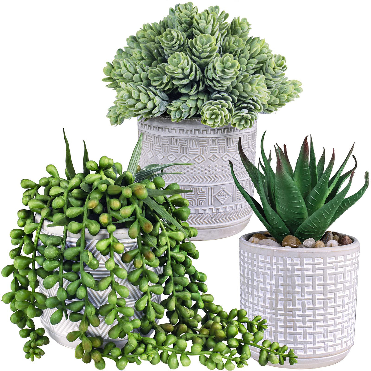 Winlyn set of 3 faux succulents in gray geometric pots for modern decor