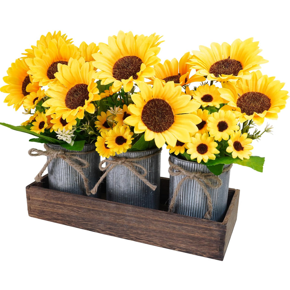 Winlyn sunflower bouquet close-up highlighting vibrant petals for a bright dining table centerpiece.