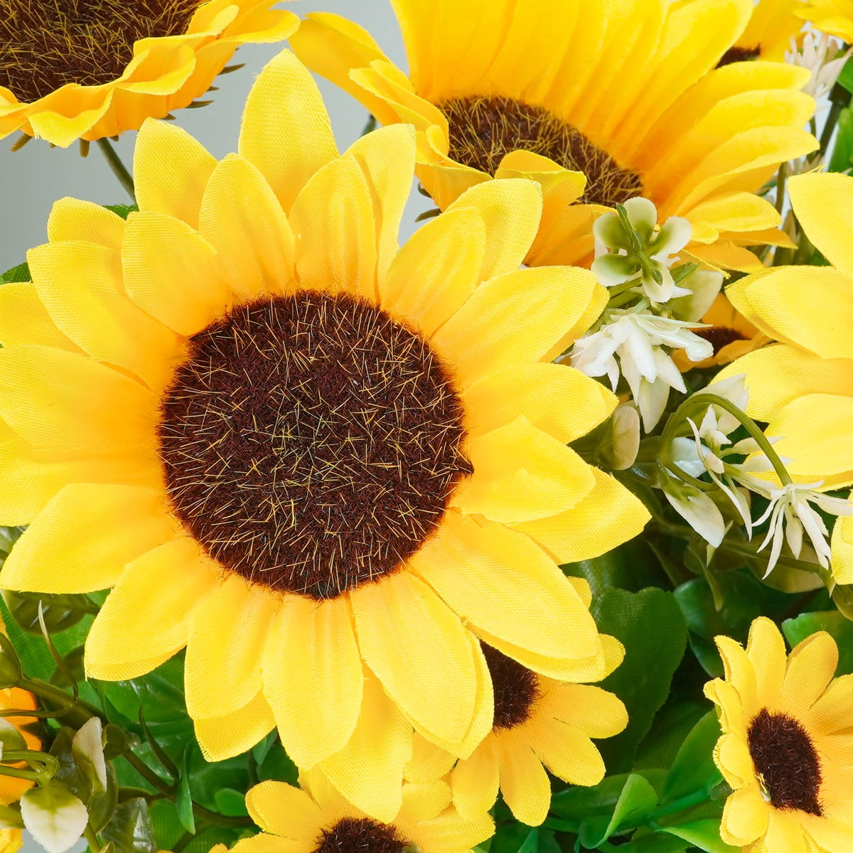 Winlyn sunflower bouquet detail showcasing lush greenery for rustic home decor accents.