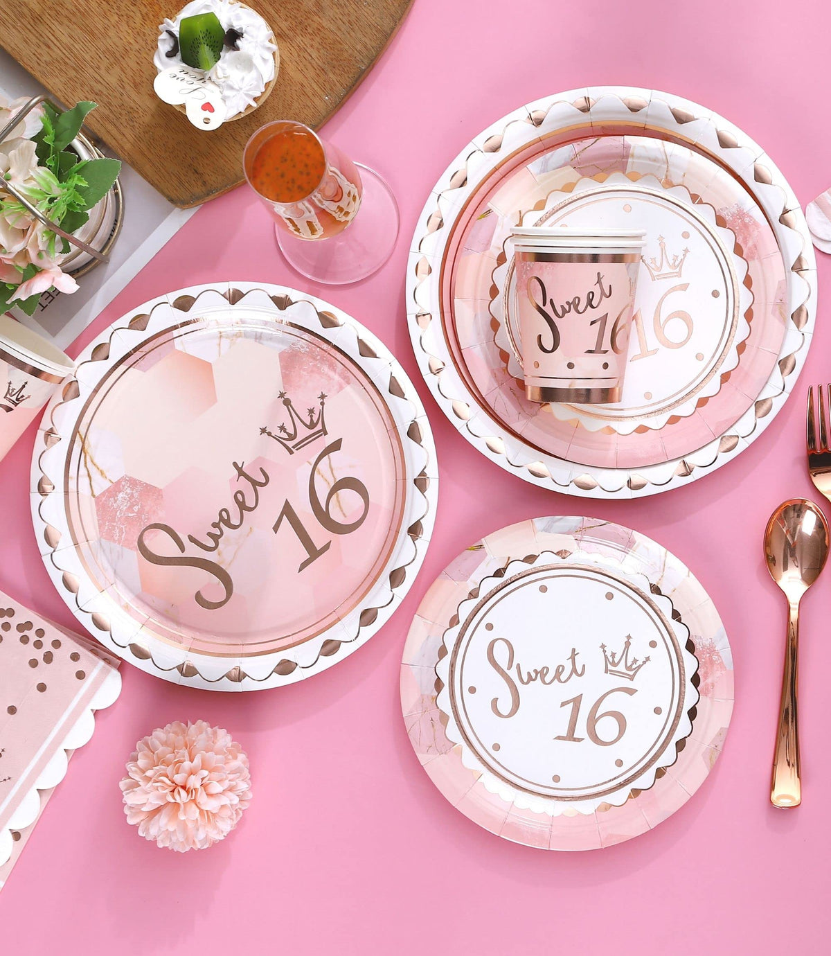 Winoo Design Sweet 16 cutlery coordinating with plates for a cohesive look