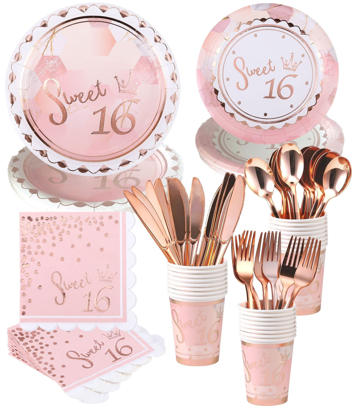 Winoo Design rose gold Sweet 16 plates for an elegant party table