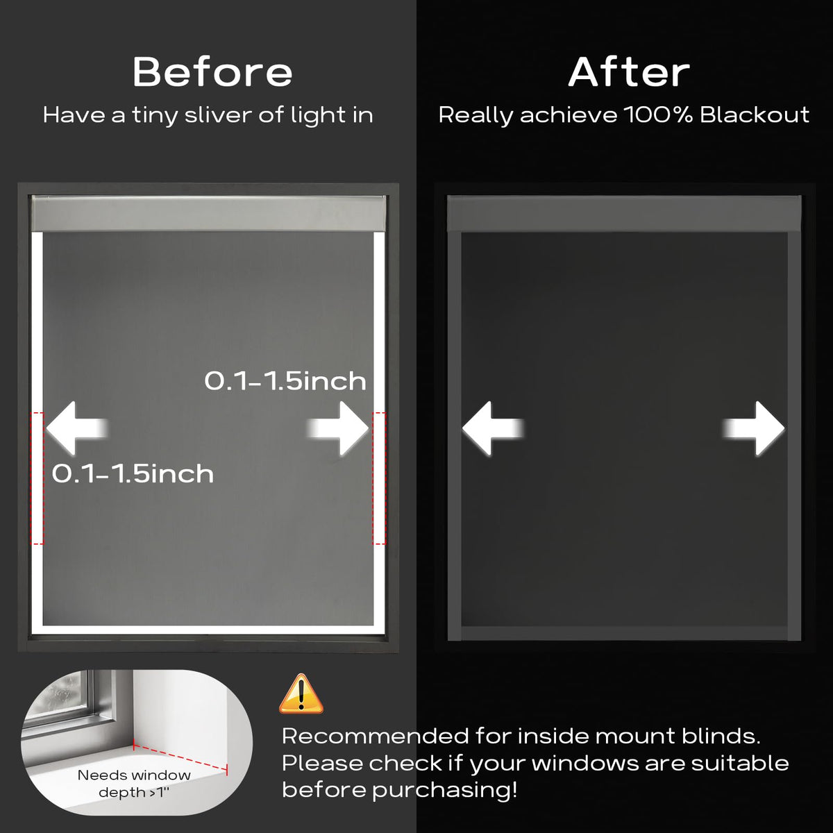 WINSMAR peel-and-stick blocker applied to blinds to reduce light leaks.