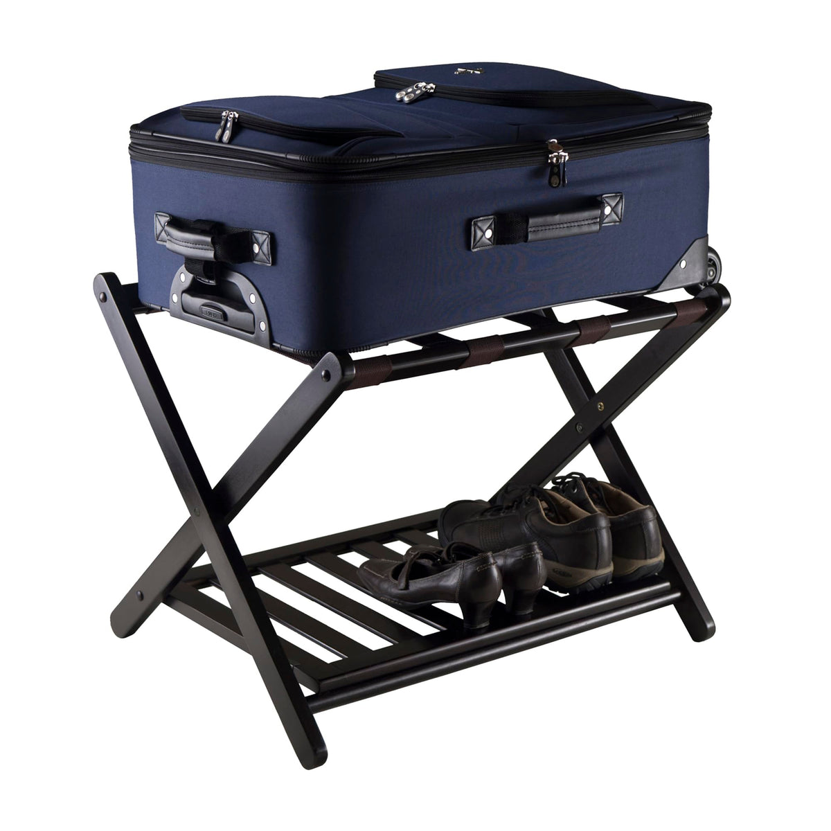 Foldable design of Winsome Reese luggage rack for compact storage.
