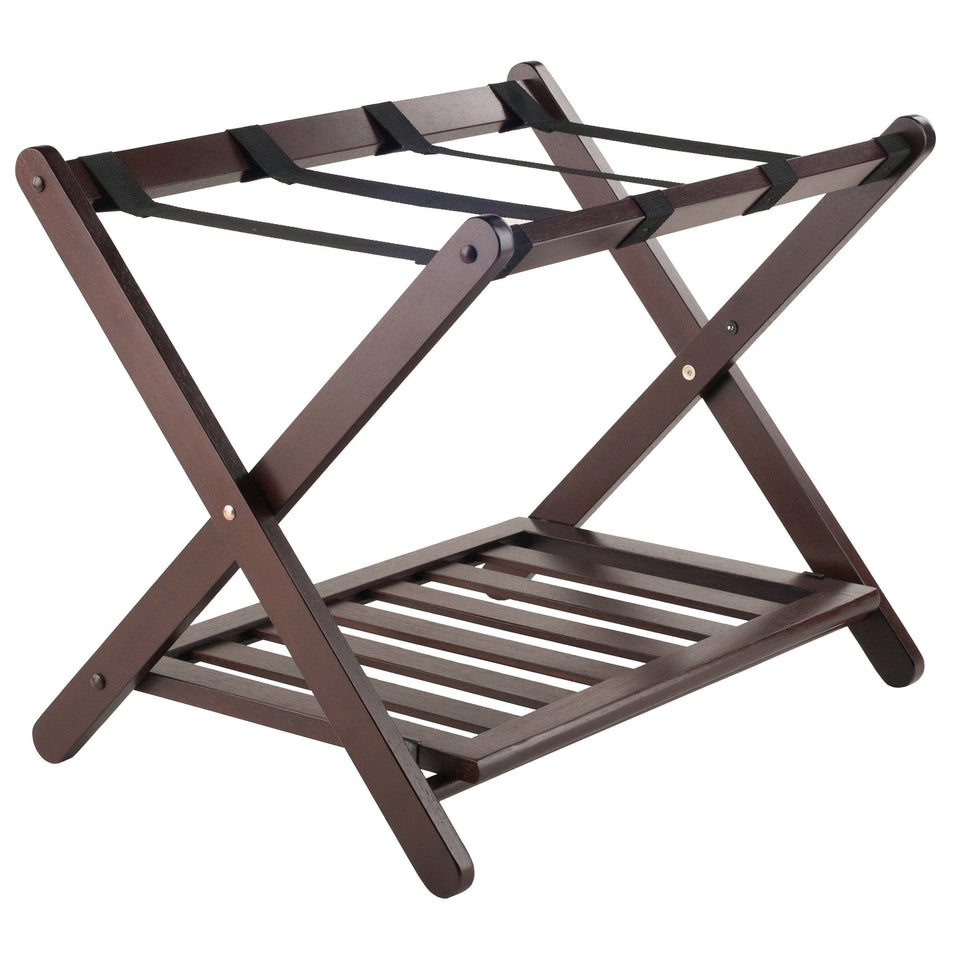 Winsome Reese luggage rack front view in cappuccino finish with sturdy nylon straps for luggage support.