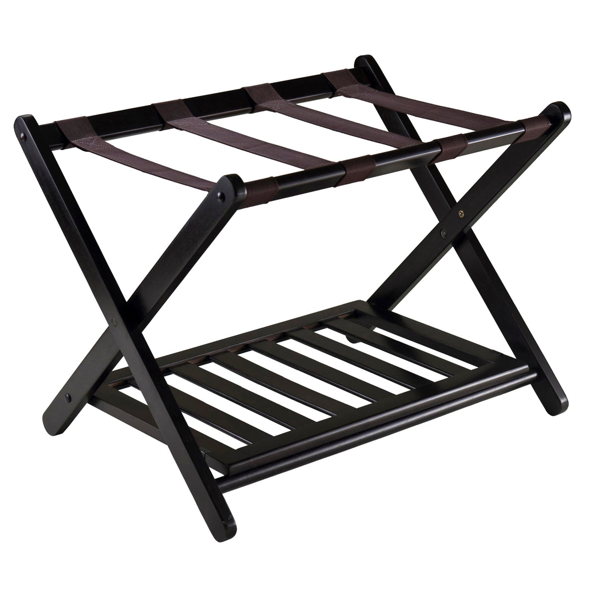 Winsome Reese luggage rack in espresso finish with strong nylon straps for luggage support.
