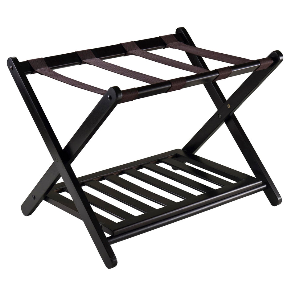 Winsome Reese luggage rack in espresso finish with strong nylon straps for luggage support.