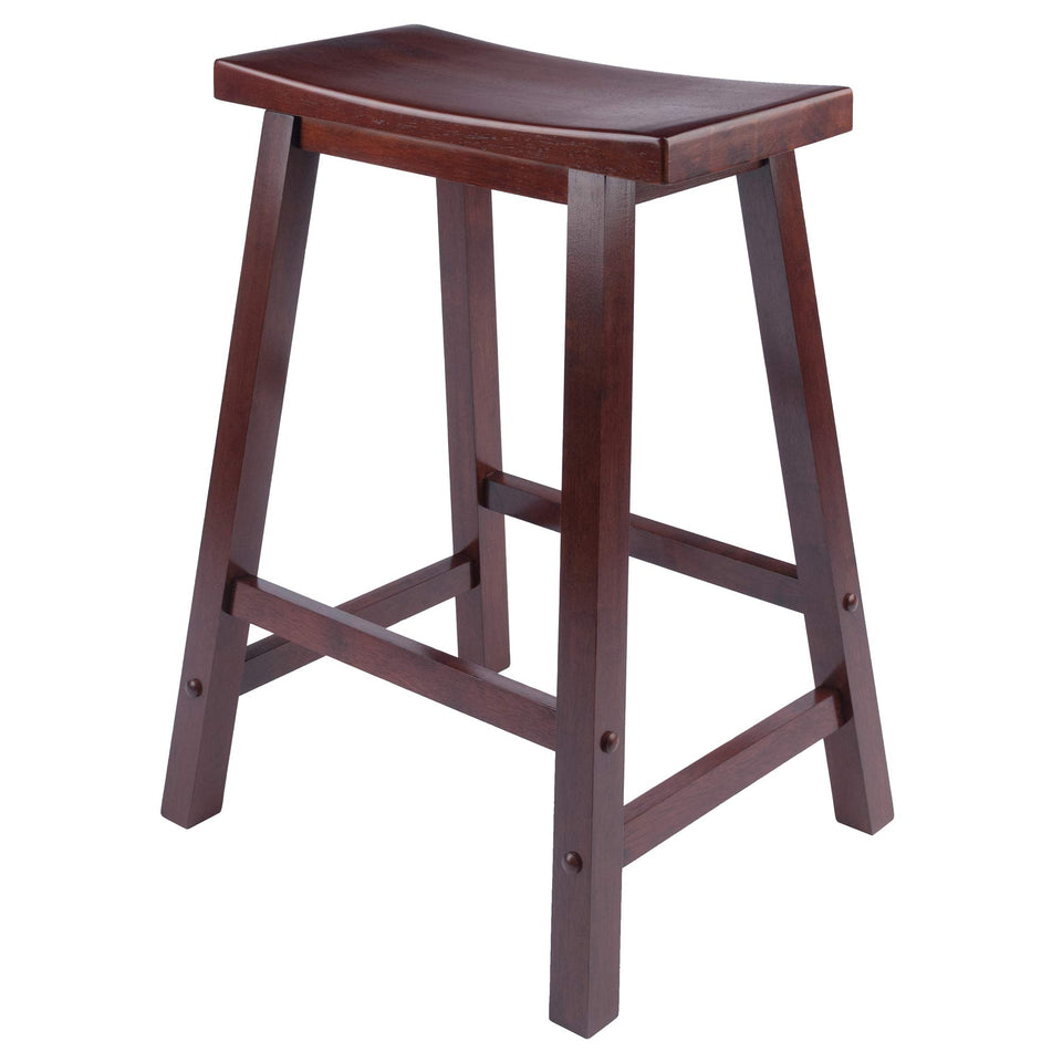 Winsome Satori Saddle Seat 24in Walnut offers ergonomic comfort at kitchen counters.