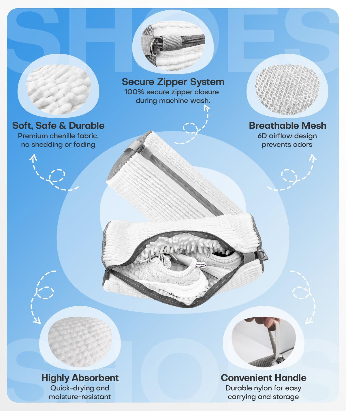 WIOGB chenille fabric bag offers durable, colorfast protection.