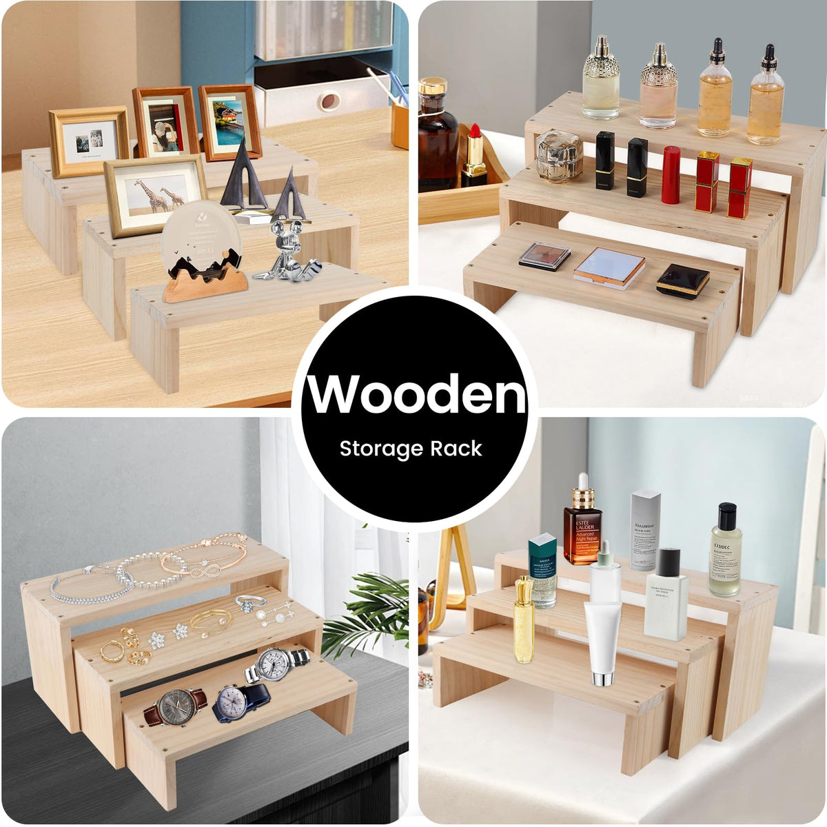 WIQARJ 3-tier risers with stacked configuration, versatile retail setup for bags and glasses.