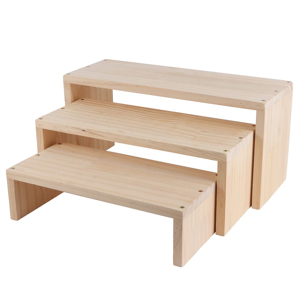WIQARJ 3-tier wooden display stand, front view, ideal for cupcakes and small collectibles.