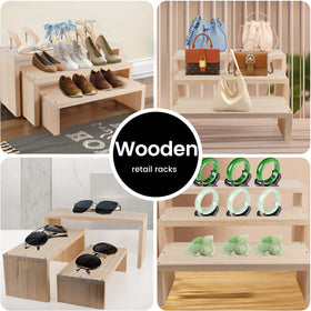 WIQARJ jewelry and perfume retail display, three-tier wooden rack for elegant showcases.
