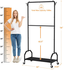 Wiracks rolling clothes rack shown with lockable wheels for easy mobility