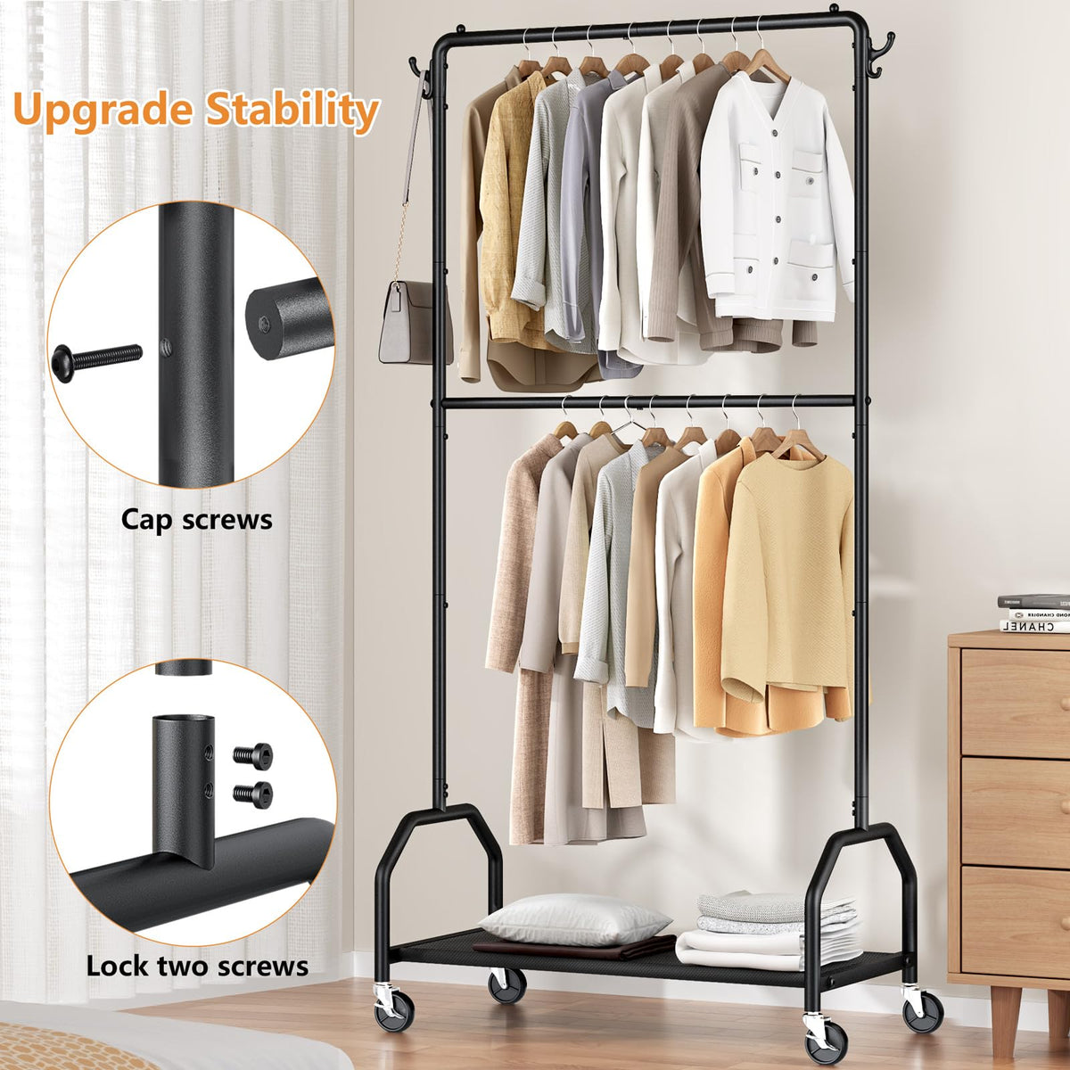 Wiracks two-tier rack highlighting top and middle rods for different loads